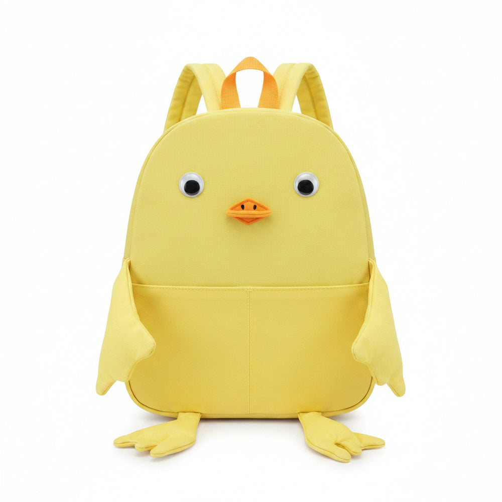 Yellow backpack shaped like a cartoon duck on a white background