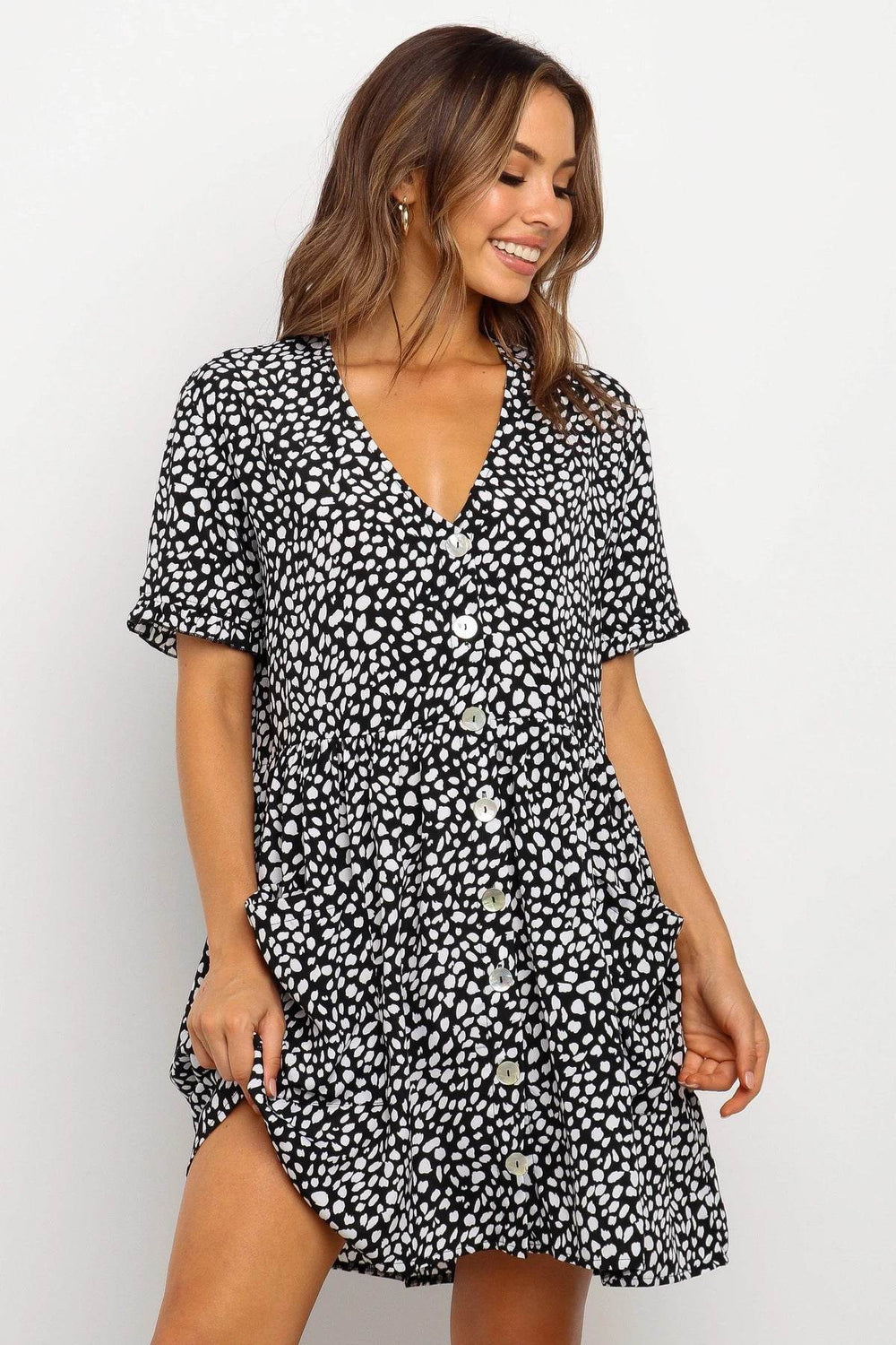 Casual Summer dresses Women Spring Mini short sleeve button down dot printed loose Dress - EX-STOCK Canada