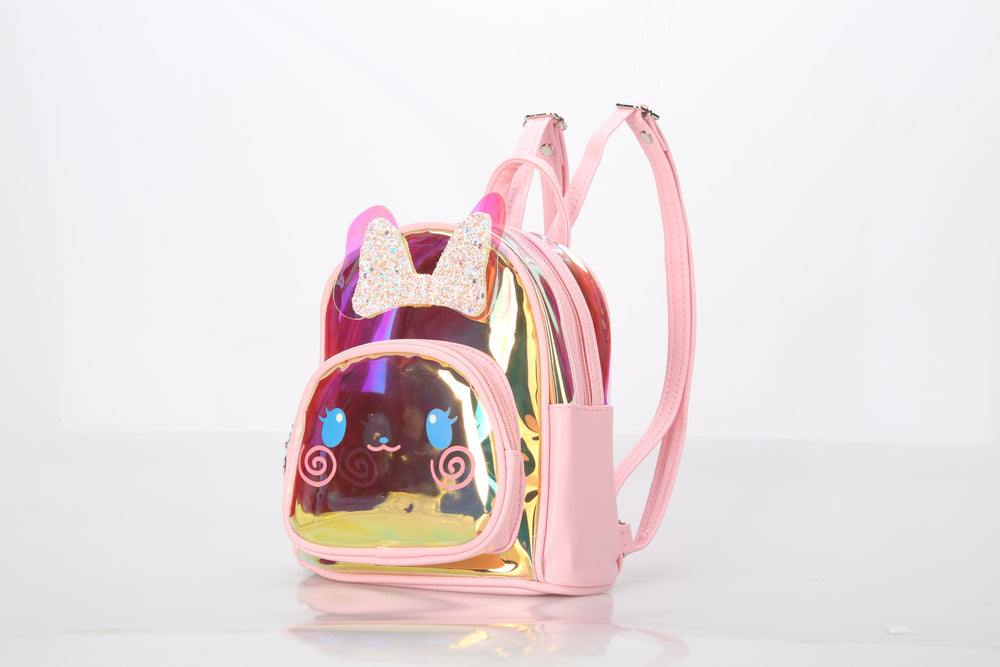 Pink backpack with a transparent front panel featuring a cartoon design on a white background