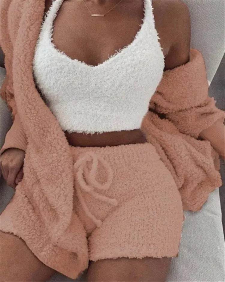 Winter Sexy Women Home Wear Suit Casual Pajamas Set Lady Female Soft Warm Long Sleeve Exposed Navel Vest Shorts Set - EX-STOCK Canada