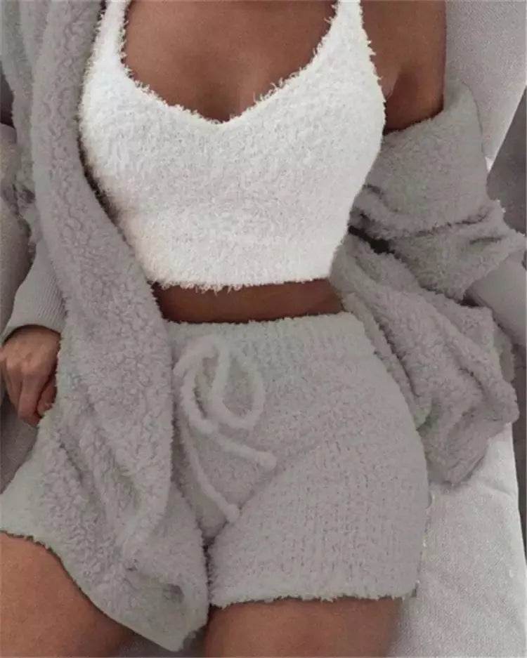 Winter Sexy Women Home Wear Suit Casual Pajamas Set Lady Female Soft Warm Long Sleeve Exposed Navel Vest Shorts Set - EX-STOCK Canada