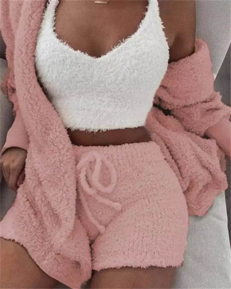 Winter Sexy Women Home Wear Suit Casual Pajamas Set Lady Female Soft Warm Long Sleeve Exposed Navel Vest Shorts Set - EX-STOCK Canada