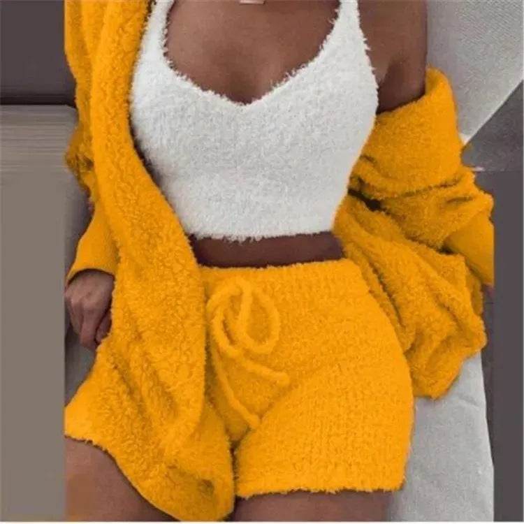 Winter Sexy Women Home Wear Suit Casual Pajamas Set Lady Female Soft Warm Long Sleeve Exposed Navel Vest Shorts Set - EX-STOCK Canada
