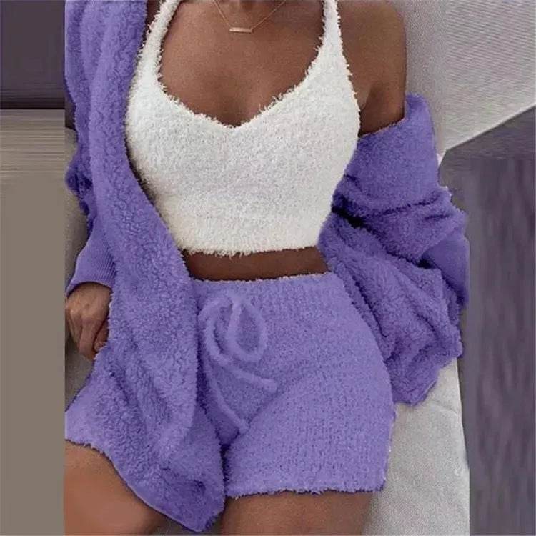 Winter Sexy Women Home Wear Suit Casual Pajamas Set Lady Female Soft Warm Long Sleeve Exposed Navel Vest Shorts Set - EX-STOCK Canada