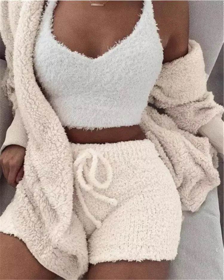 Winter Sexy Women Home Wear Suit Casual Pajamas Set Lady Female Soft Warm Long Sleeve Exposed Navel Vest Shorts Set - EX-STOCK Canada