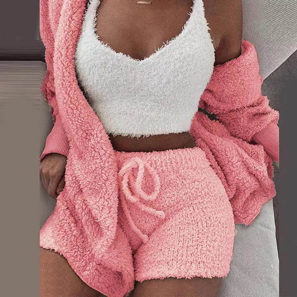 Winter Sexy Women Home Wear Suit Casual Pajamas Set Lady Female Soft Warm Long Sleeve Exposed Navel Vest Shorts Set - EX-STOCK Canada