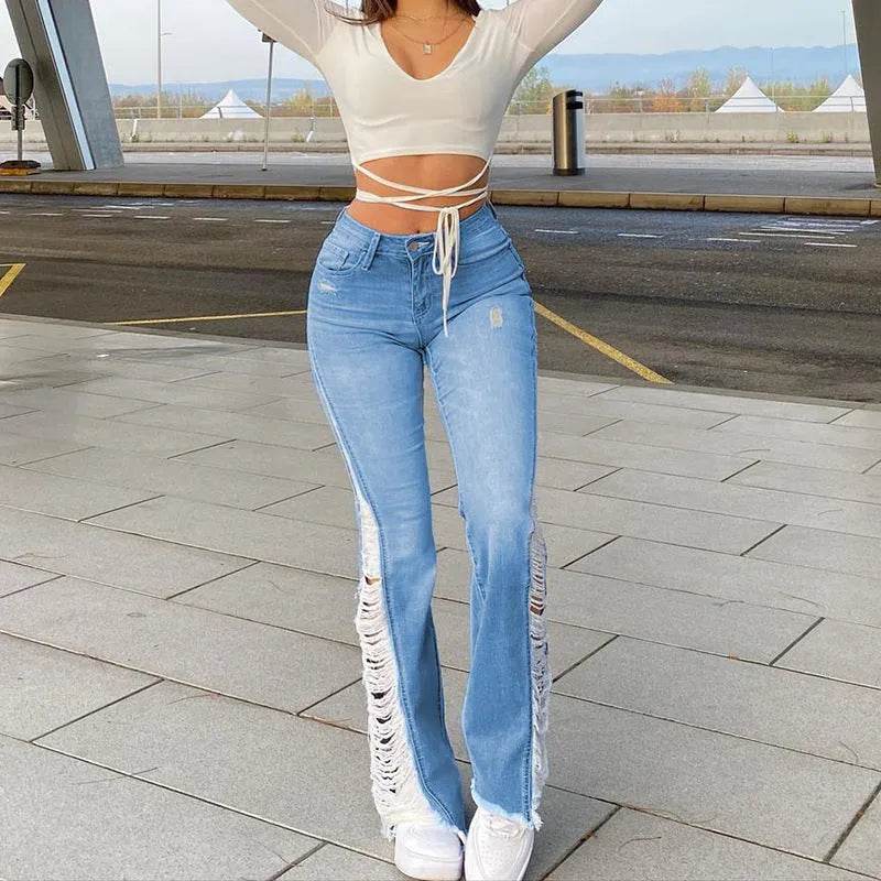 New Style Women's Casual Pierced Drawnwork High Waist Bootcut Washed Jeans - EX-STOCK Canada