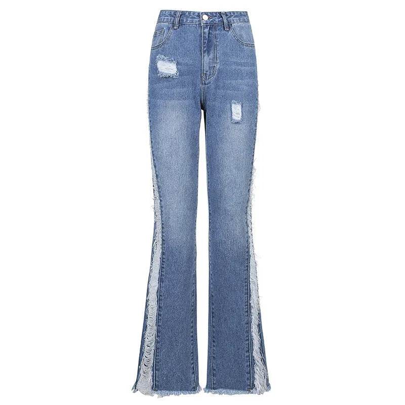 New Style Women's Casual Pierced Drawnwork High Waist Bootcut Washed Jeans - EX-STOCK Canada