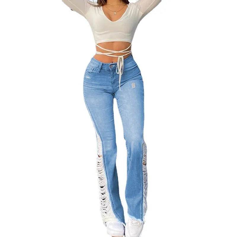 New Style Women's Casual Pierced Drawnwork High Waist Bootcut Washed Jeans - EX-STOCK Canada