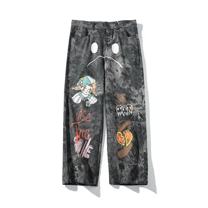 Streetwear Men Loose Denim Pants Graffiti Print Black Vintage Denim Pants Harajuku Joggers Trousers Cotton Jeans - EX-STOCK CANADA