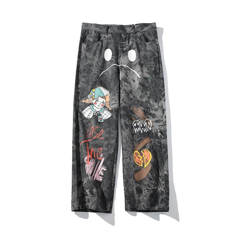 Streetwear Men Loose Denim Pants Graffiti Print Black Vintage Denim Pants Harajuku Joggers Trousers Cotton Jeans - EX-STOCK Canada