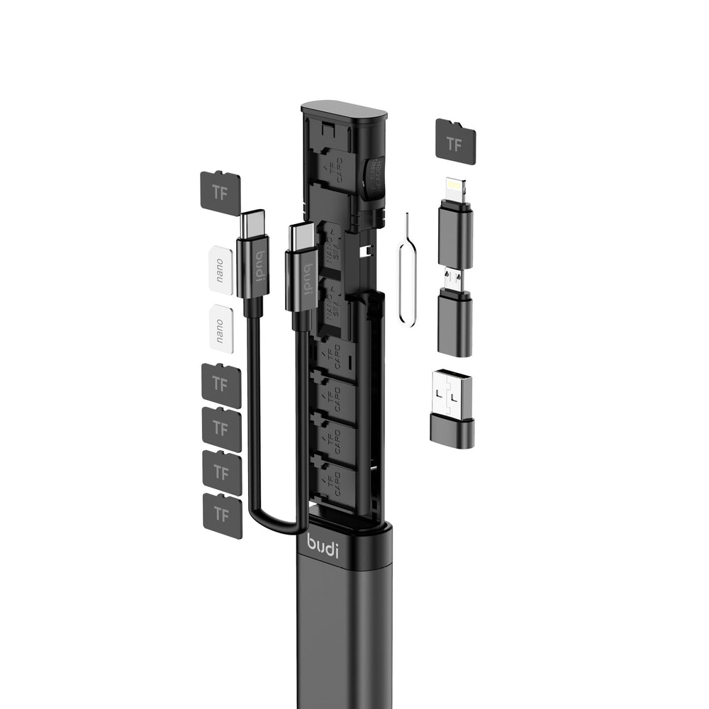 Black multi-device adapter with various connectors on a white background, featuring the brand 'budi'.