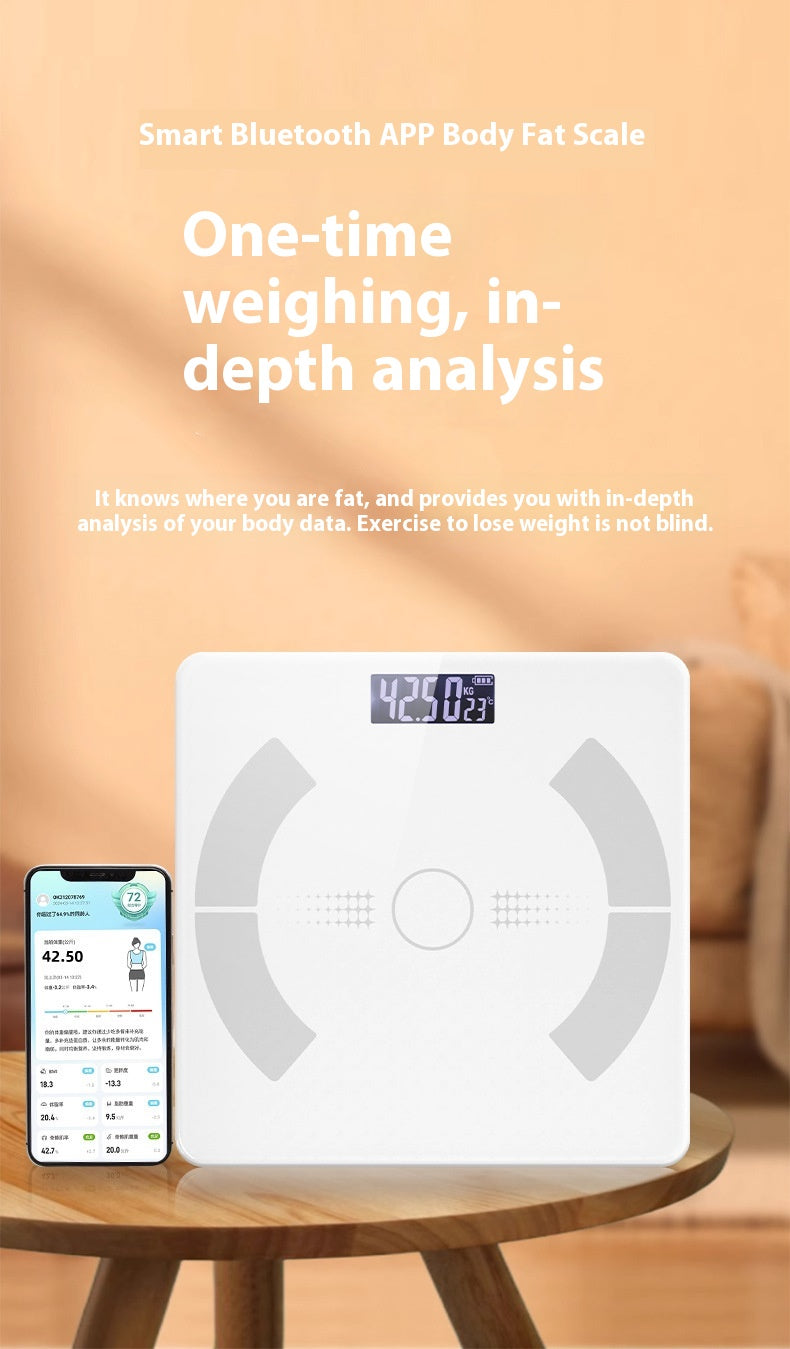 A white smart Bluetooth body fat scale sits on a wooden table next to a smartphone displaying its companion app, with promotional text above on a warm beige background.