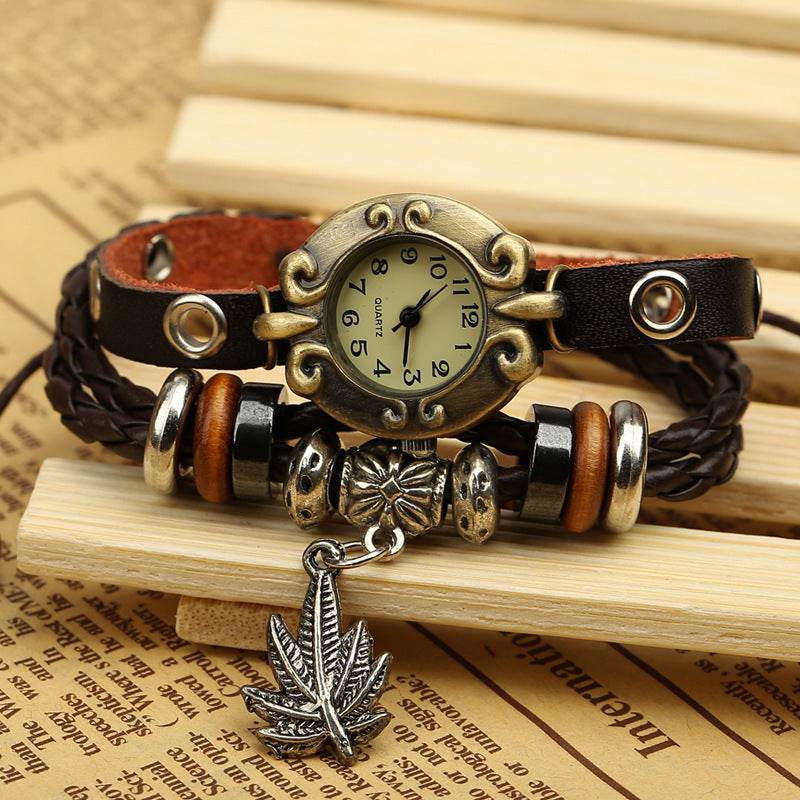 Factory Direct Genuine Leather Bracelet Watch Retro Leather Bracelet Watch Beaded Bracelet Yiwu Wholesale Jewelry - EX-STOCK Canada
