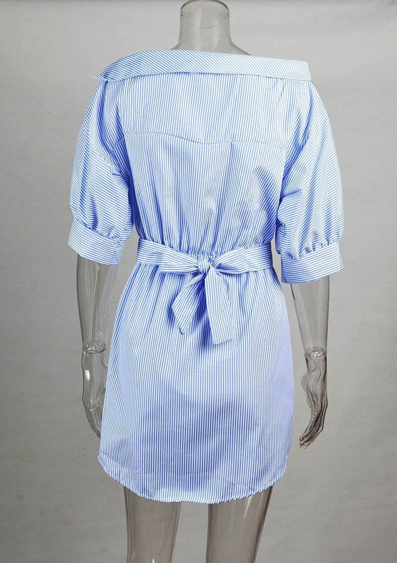 Summer Dress chic slant Shoulder stripe tie belt mini Dress - EX-STOCK Canada