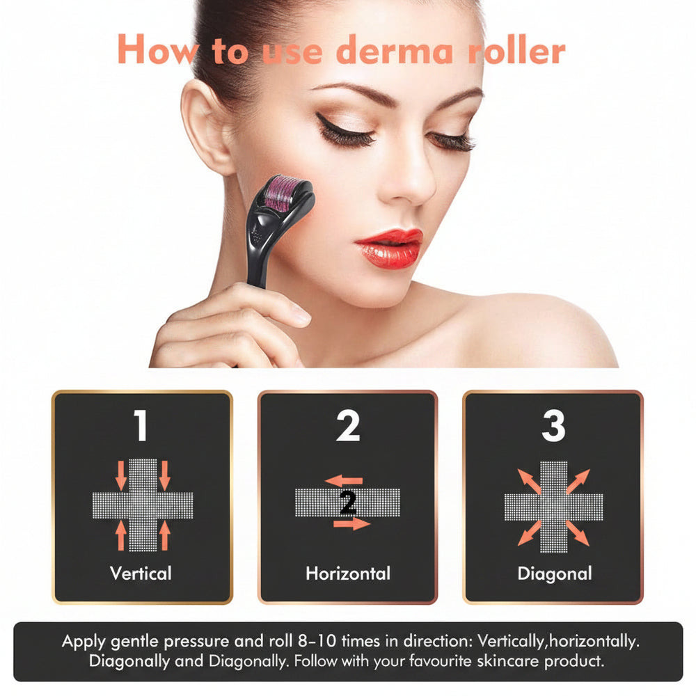 Woman using a derma roller with instructions on how to use it.