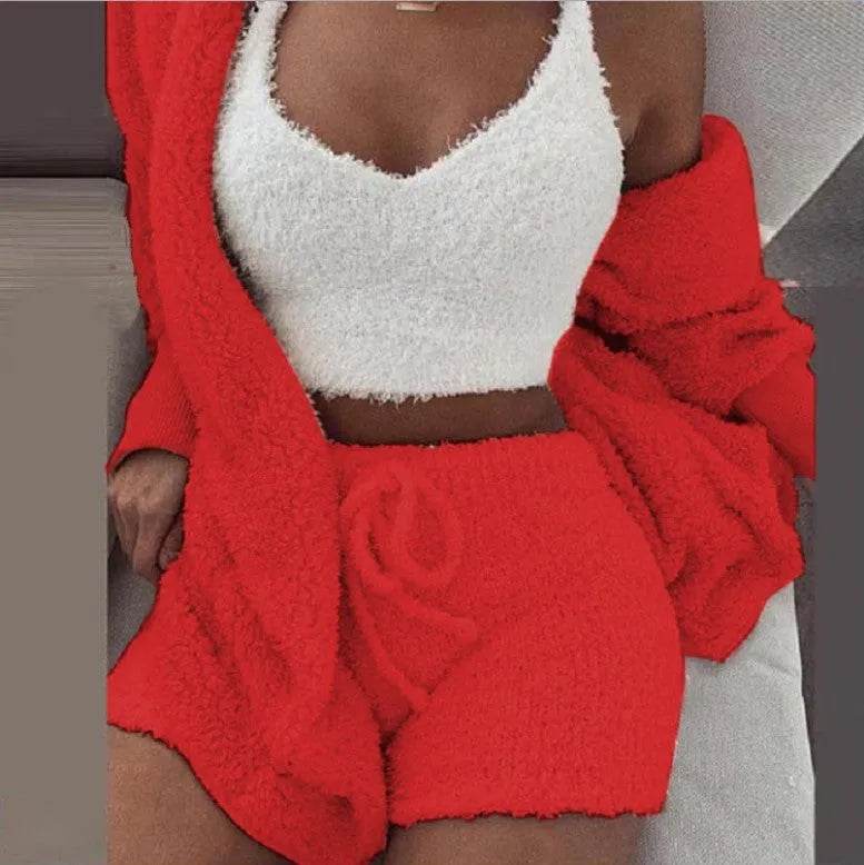 Winter Sexy Women Home Wear Suit Casual Pajamas Set Lady Female Soft Warm Long Sleeve Exposed Navel Vest Shorts Set - EX-STOCK Canada