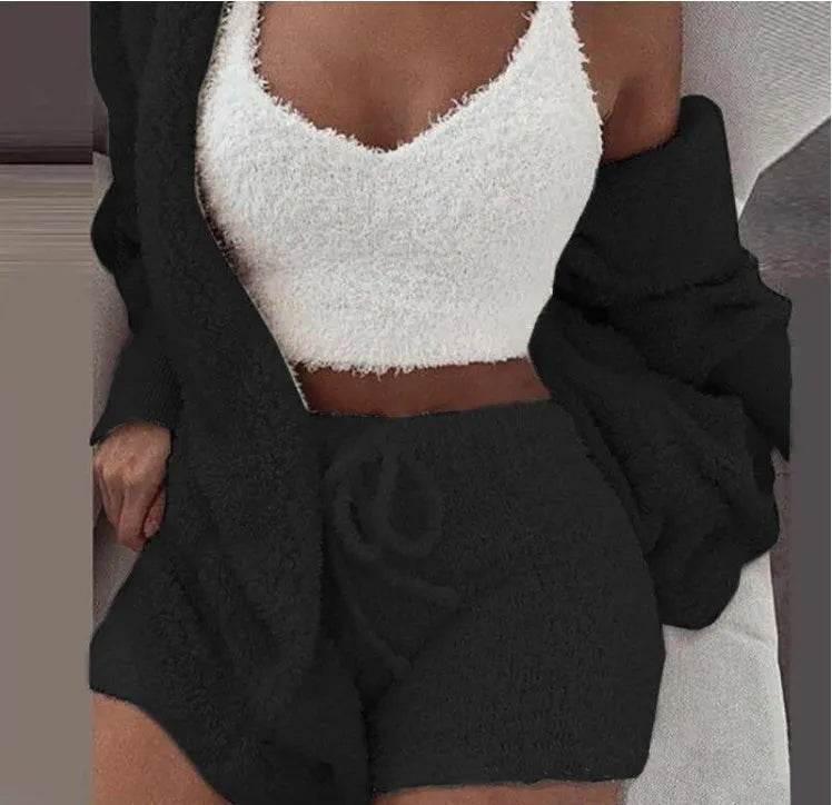 Winter Sexy Women Home Wear Suit Casual Pajamas Set Lady Female Soft Warm Long Sleeve Exposed Navel Vest Shorts Set - EX-STOCK Canada