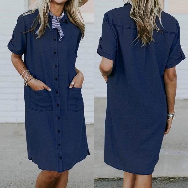 Women's Solid Color Casual Denim Short Sleeve Pocket loose Denim Dress - EX-STOCK Canada