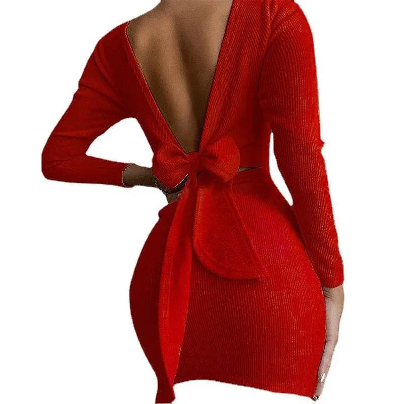 European And American Cross-border Bow Halter Long Sleeve Mini Dress - EX-STOCK Canada