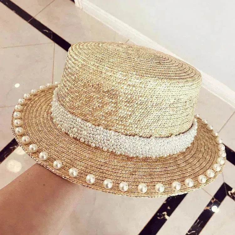 Elegant Retro Pearl Wheat Straw Flat Top Straw Hat Women's Summer Sun Protection Beach Hat Hepburn Style - EX-STOCK Canada