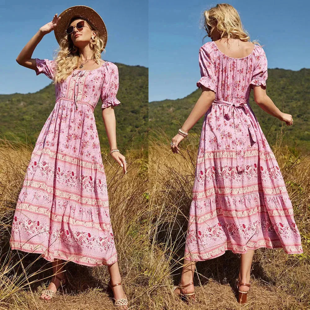 Aachoae Women Elegant A Line Long Maxi Dress With Belt Summer Floral Print Beach Dress Ruffle Short Sleeve Bow Tie Chic Dresses - EX-STOCK CANADA