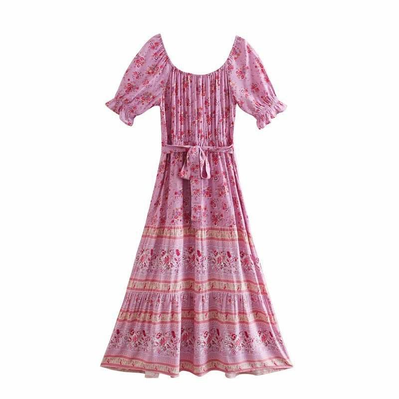 Aachoae Women Elegant A Line Long Maxi Dress With Belt Summer Floral Print Beach Dress Ruffle Short Sleeve Bow Tie Chic Dresses - EX-STOCK Canada