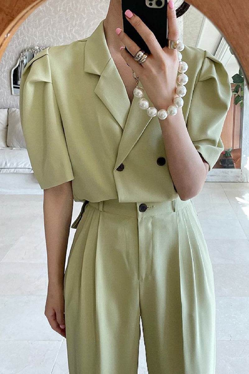 Simple Lapel Double-breasted Puff Sleeve Blazer High-waist Pleated Casual Trousers suit - EX-STOCK Canada