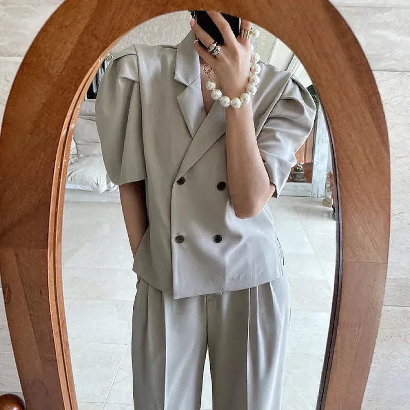 Simple Lapel Double-breasted Puff Sleeve Blazer High-waist Pleated Casual Trousers suit - EX-STOCK CANADA