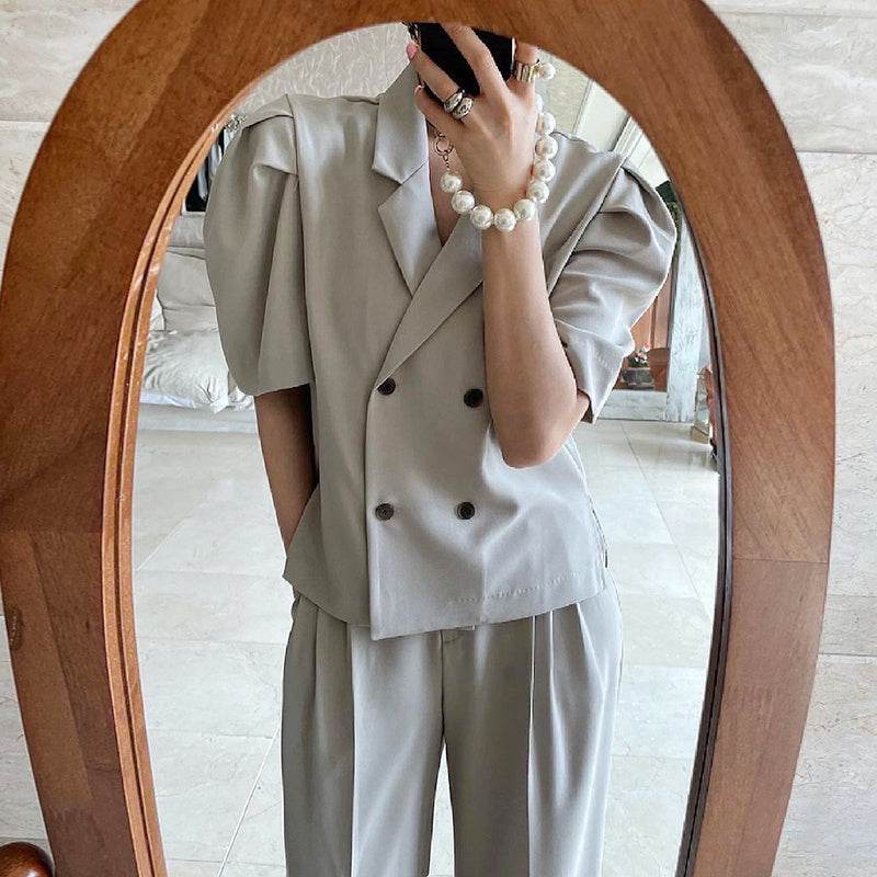 Simple Lapel Double-breasted Puff Sleeve Blazer High-waist Pleated Casual Trousers suit - EX-STOCK Canada