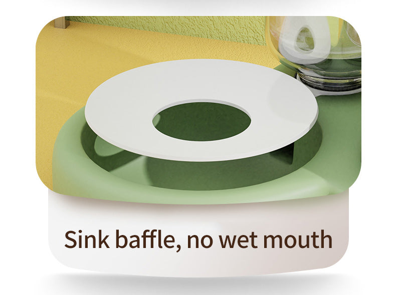 Green sink baffle with text 'Sink baffle, no wet mouth' on a white background