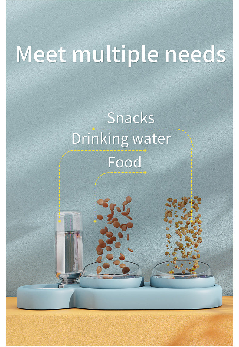 Pet feeding and water station with text indicating it meets multiple needs for snacks, drinking water, and food.