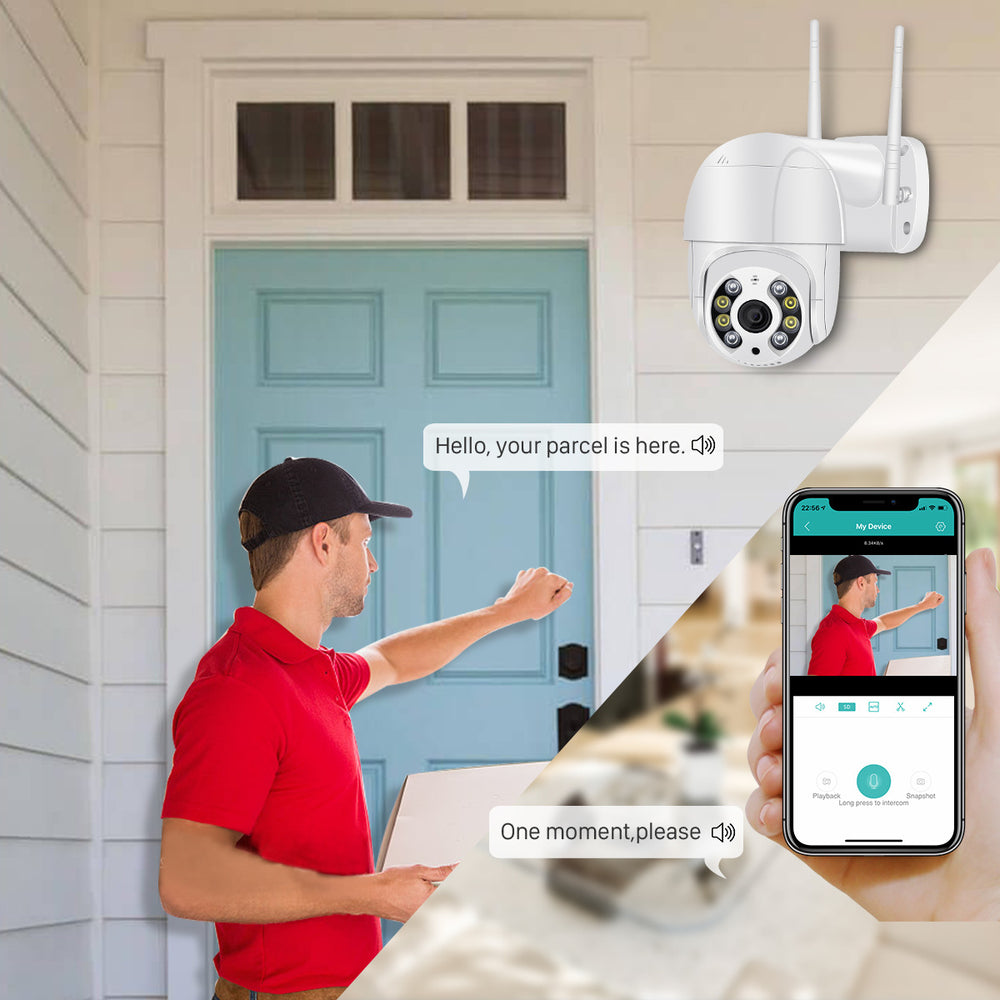 Person receiving a package with a home security camera and smartphone app interface.
