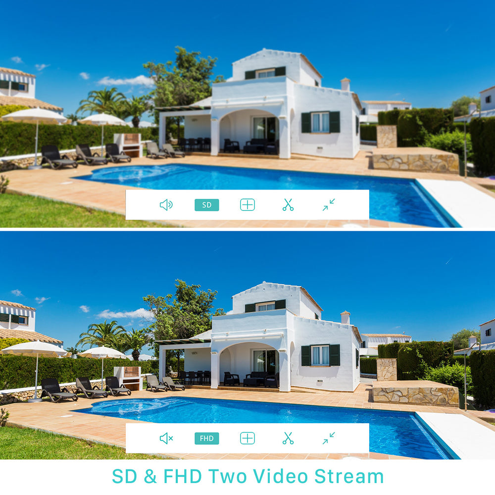Two views of a white house with a pool, featuring video streaming controls.