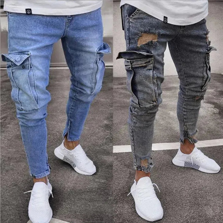 Cargo Hole Denim Jeans Men pant slim fitted - EX-STOCK CANADA
