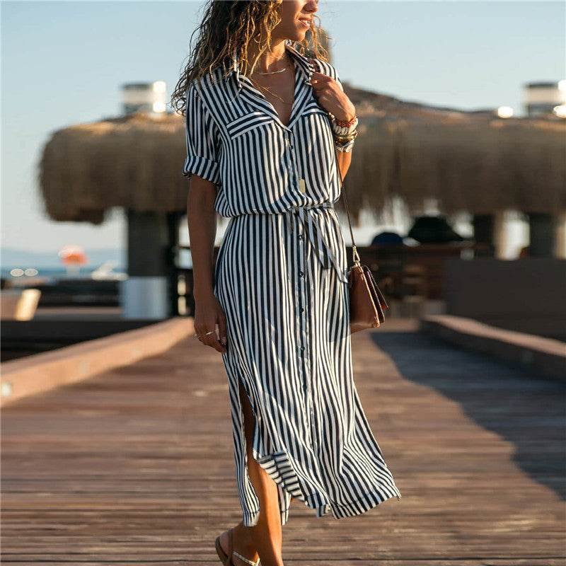 Stripe Shirt Women's Dress Spring Summer Chiffon V-neck Sexy Maxi Dresses Sexy Elegant Casual Girl Lace Women Long Sleeve - EX-STOCK Canada