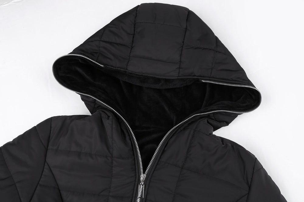 Black hooded jacket with a zipper on a white background