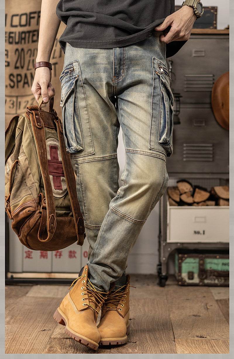 Sprin Autumn Retro Slim Fit Straight Leg Casual Distressed Denim Jeans Cargo Pant Men - EX-STOCK Canada