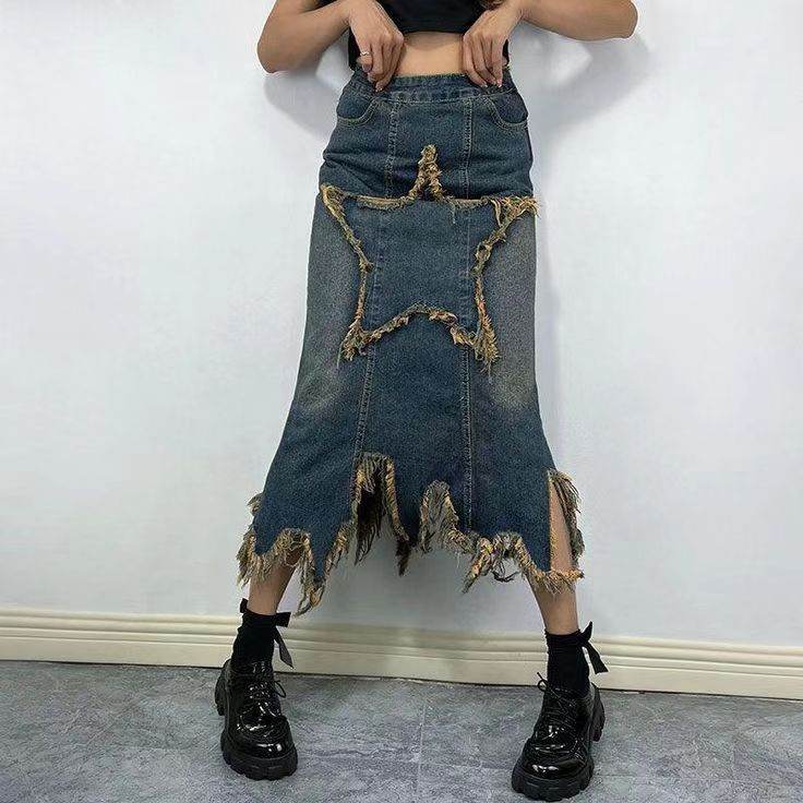 Women's American-style Retro High Waist Irregular Midi Denim Skirt - EX-STOCK Canada