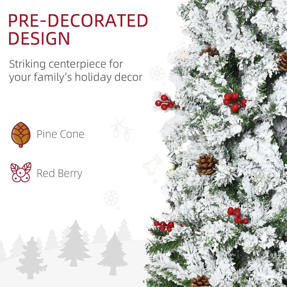 7.5 Foot Pencil Snow Flocked Artificial Christmas Tree With 950 Pine Realistic Branches, Pine Cones, Red Berries, Auto Open, Green EX-STOCK Canada