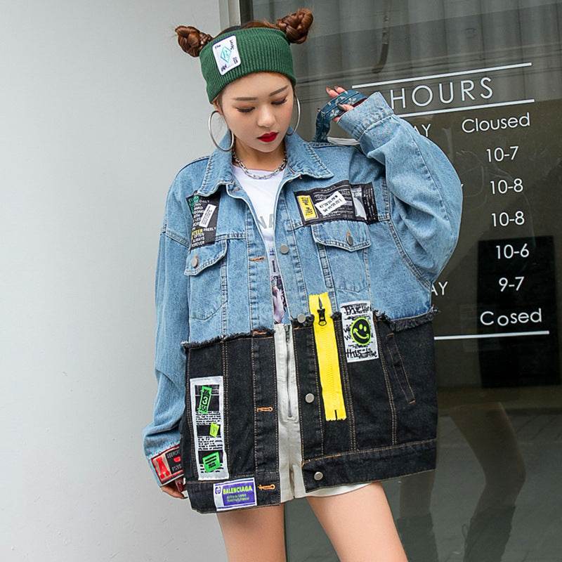Personality Stitching Graffiti Patch Denim Loose Jacket Women EX-STOCK Canada