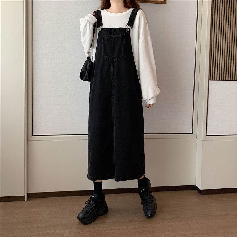 Student Denim Shoulder Strap Spring And Autumn Plus Size Mid-length Sling Black Denim Jumper Dress - EX-STOCK Canada