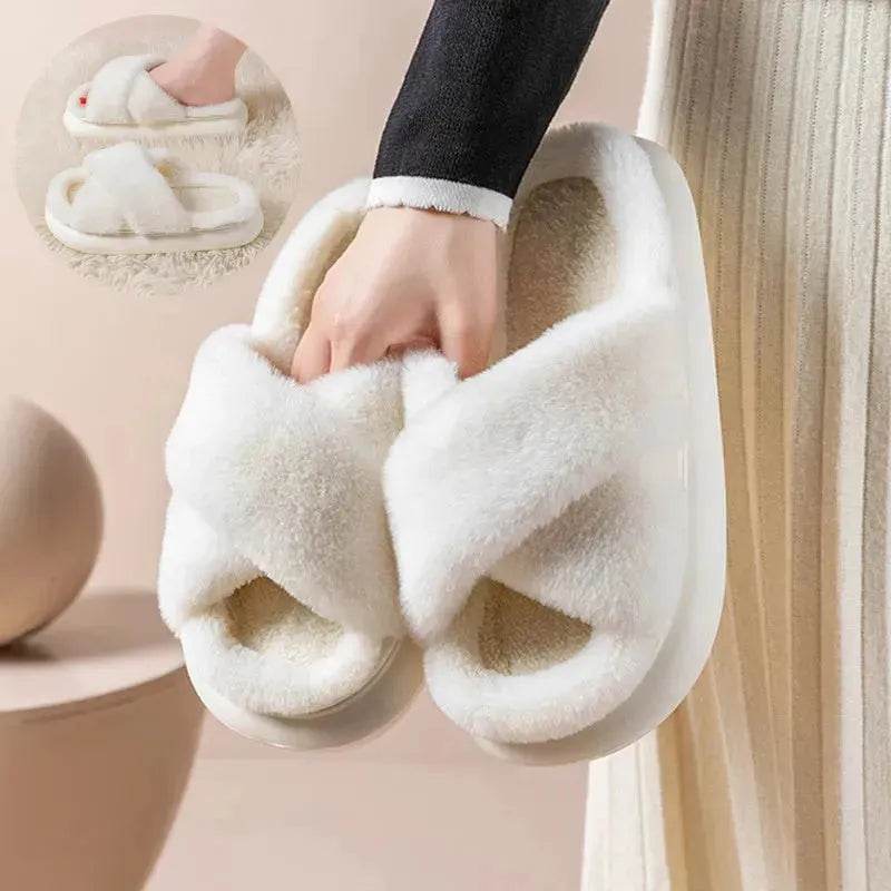 Women's Platform Fuzzy Home Slippers Winter Open Toe Criss-cross Solid Color Casual Floor Slides Indoor Flat Comfy House Shoes - EX-STOCK Canada
