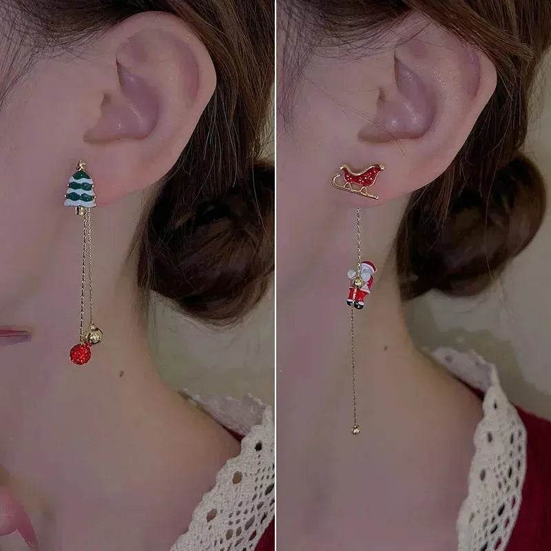 Ins Fashion Xmas Earrings Moving Santa Claus Long Tassel Earrings For Women Christmas Tree Snowflake Asymmetric Drop Earring - EX-STOCK Canada