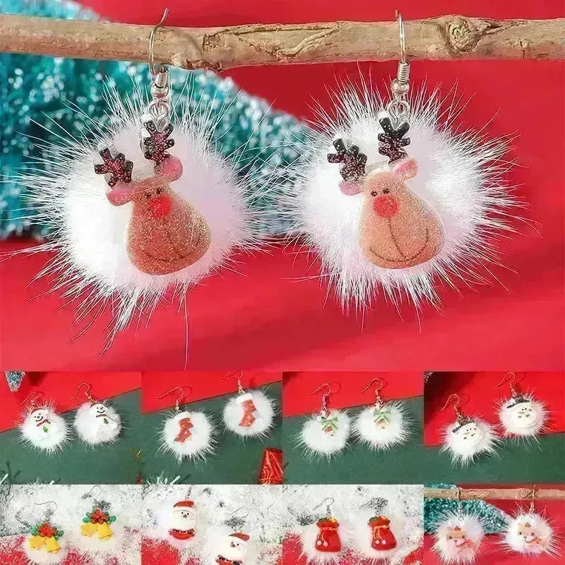 Winter Snowflake Hair Ball Earrings Ins Cute Christmas Elk Santa Claus Stock Element Earrings Women Jewelry - EX-STOCK CANADA