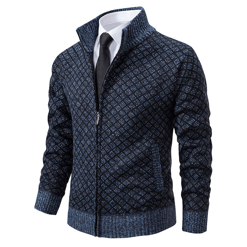 Thickened Plaid Print Jacket Cardigan Fashion Slim Fit Zipper Stand Collar Sweater Winter Men's Casual Long Sleeve Knitted Top Clothing EX-STOCK Canada