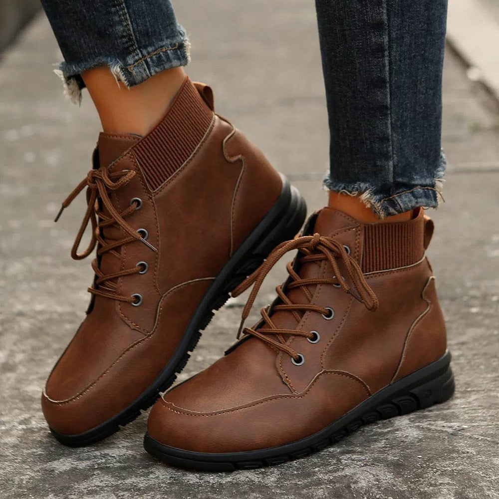 Round Toe Lace-up Ankle Boots Fall Winter Fashion Versatile Non-slip Flat Shoes Retro Western Cowboy Ankle Boot For Women - EX-STOCK Canada