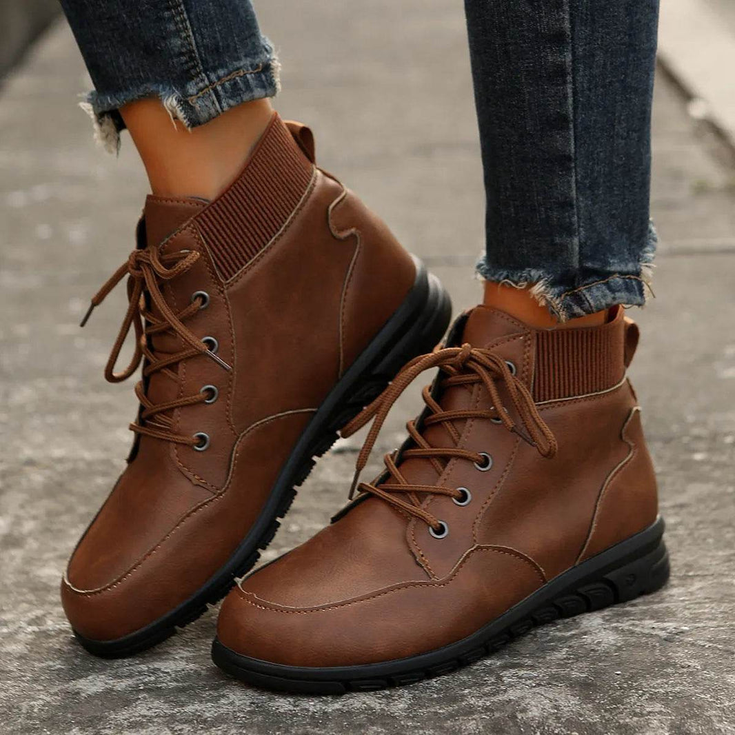 Round Toe Lace-up Ankle Boots Fall Winter Fashion Versatile Non-slip Flat Shoes Retro Western Cowboy Ankle Boot For Women - EX-STOCK Canada