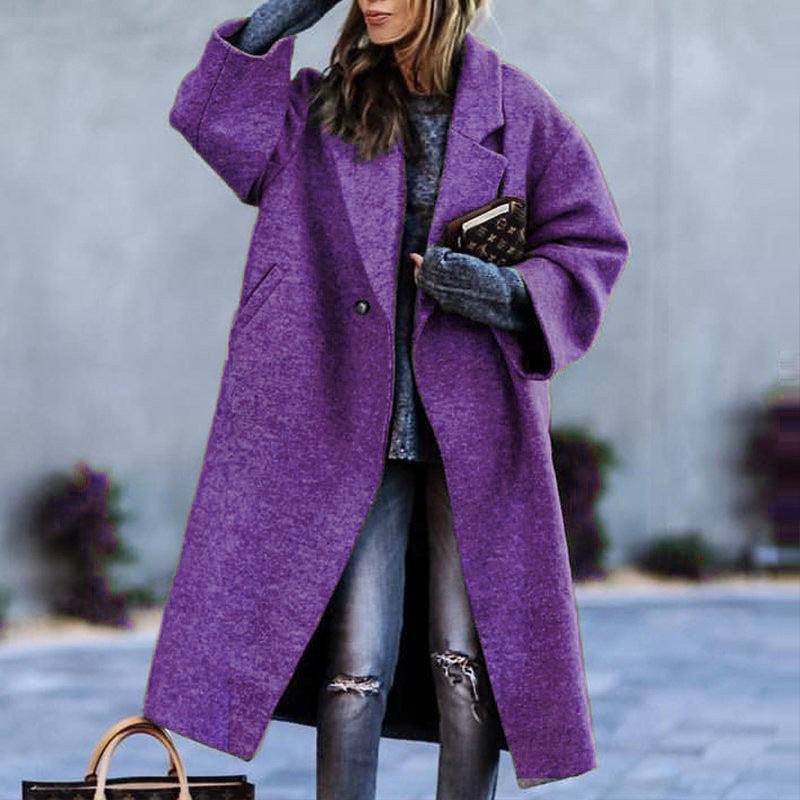 Autumn And Winter Long Woolen Color Temperament Commute No Belt Lapel Loose Woolen Green Coat - EX-STOCK Canada