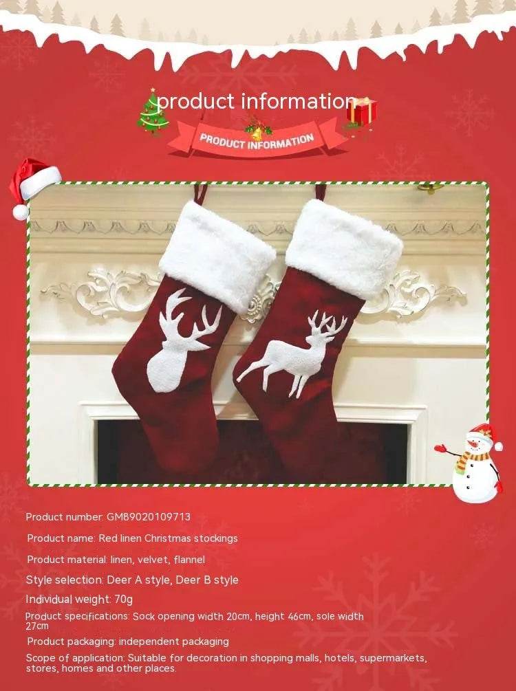 Christmas Stockings Gift Bag Red Hemp Elk Embroidery Christmas Stockings Gift Pendant - EX-STOCK Canada